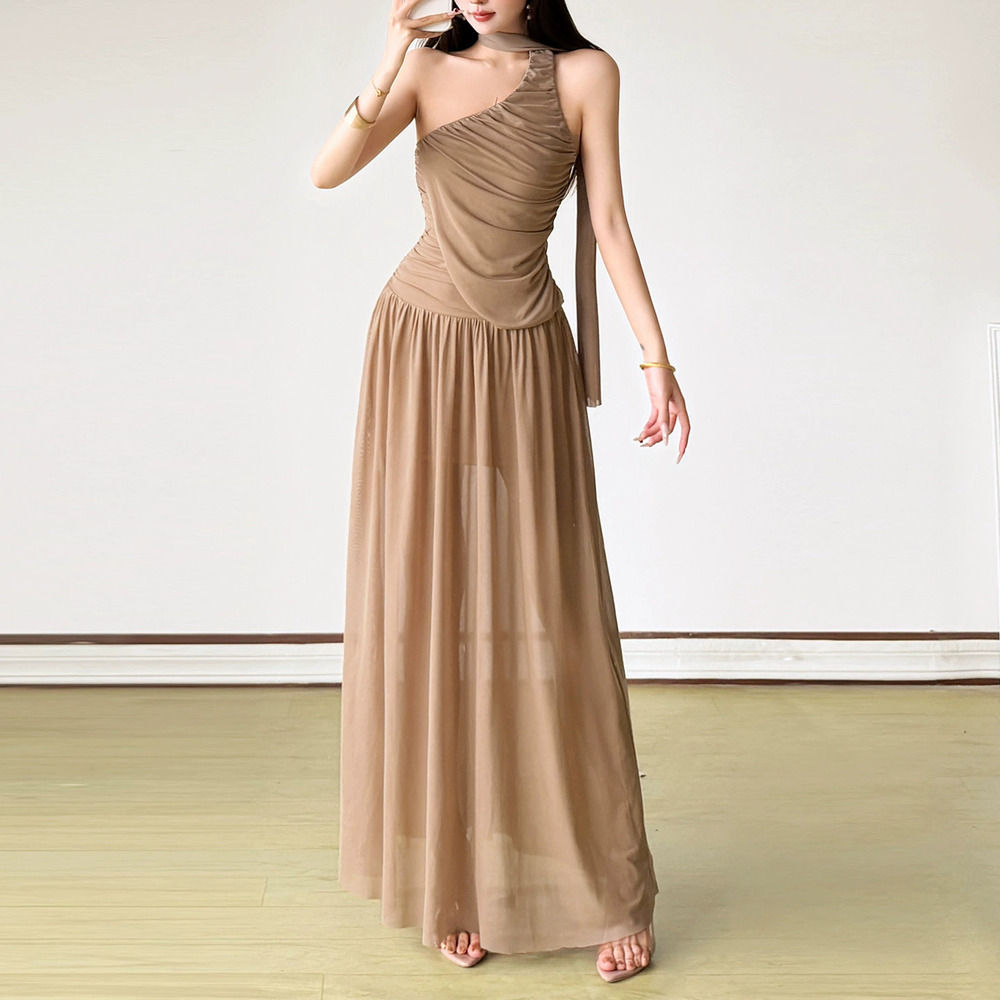 Zara Flowy Summer Asymmetric Layered 3D Pleated Sheer Dress with Waist Tie